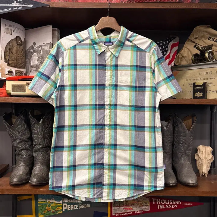 [BUNJANG] Patagonia Turquoise Multi Wide Tartan Check Short Sleeve Shirt / 파타고니아 터콰이즈 멀티 와이드 타탄체크 반팔셔츠 N1292
