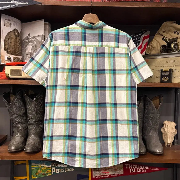 [BUNJANG] Patagonia Turquoise Multi Wide Tartan Check Short Sleeve Shirt / 파타고니아 터콰이즈 멀티 와이드 타탄체크 반팔셔츠 N1292