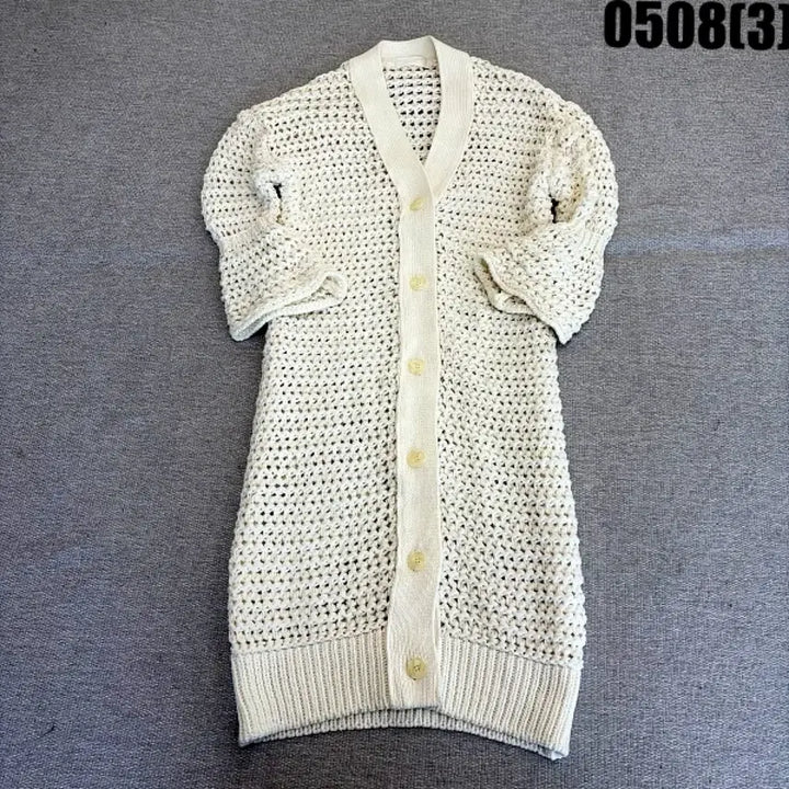 [BUNJANG] Ivory Long Knit Cardigan with Punching and Puff Sleeves / 아이보리 롱 니트 가디건 펀칭 퍼프소매 반팔 0508