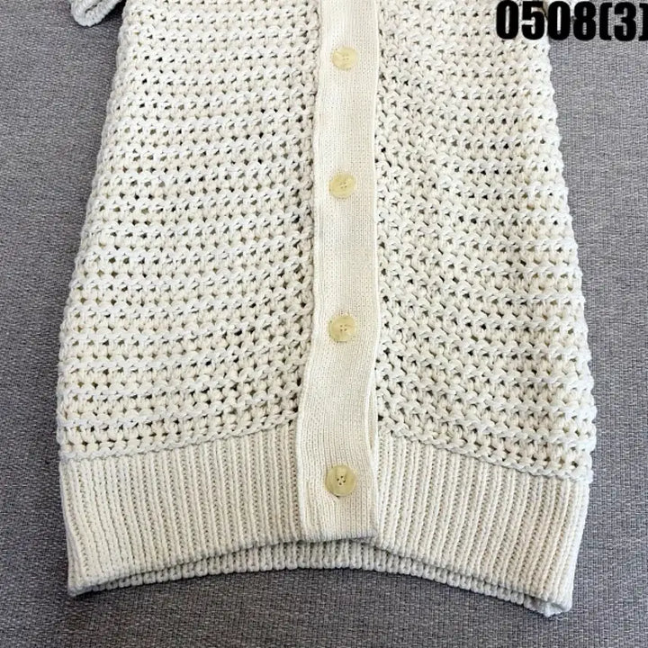 [BUNJANG] Ivory Long Knit Cardigan with Punching and Puff Sleeves / 아이보리 롱 니트 가디건 펀칭 퍼프소매 반팔 0508