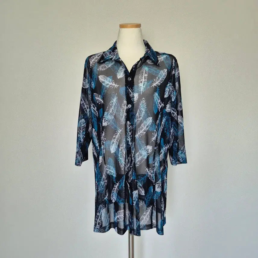 [BUNJANG] Blue Patterned Mesh Blouse / 블루 패턴 망사 블라우스