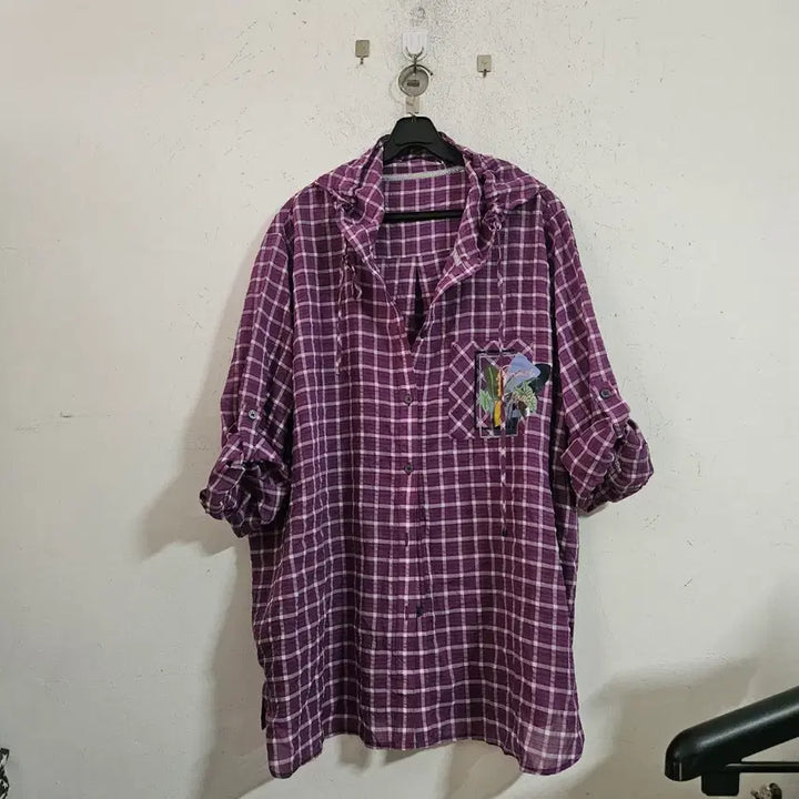[BUNJANG] Purple Check Shirt with Floral Embroidery / 퍼플 체크 남방 셔츠 꽃 자수