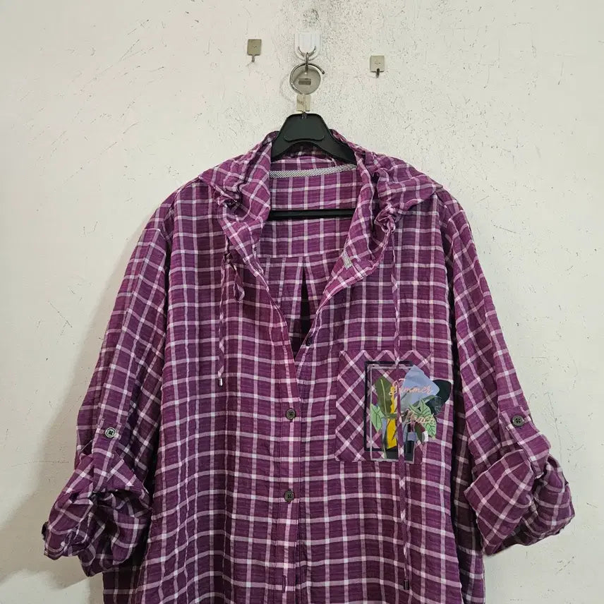 [BUNJANG] Purple Check Shirt with Floral Embroidery / 퍼플 체크 남방 셔츠 꽃 자수
