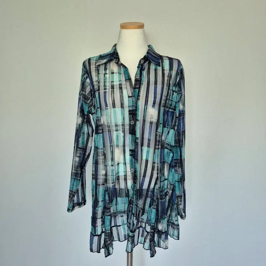 [BUNJANG] Long Sleeve Square Pattern Mesh Blouse / 긴팔 사각 패턴 망사 블라우스