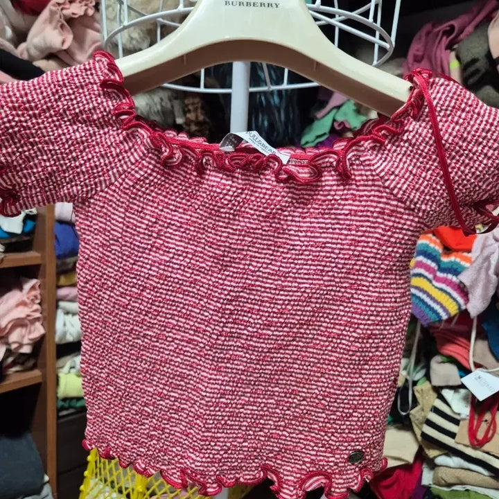 [BUNJANG] Pull&amp;Bear Red White Check Smocked Blouse / 풀앤베어 레드 화이트 체크 스모크 블라우스