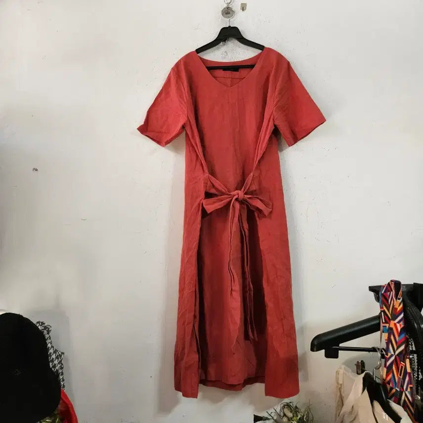 [BUNJANG] Linen Waist Tie Dress - Red / 허리끈 린넨 원피스 레드
