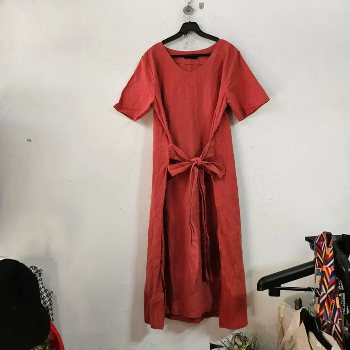 [BUNJANG] Linen Waist Tie Dress - Red / 허리끈 린넨 원피스 레드