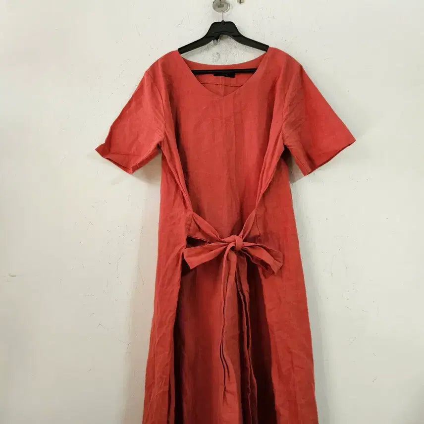 [BUNJANG] Linen Waist Tie Dress - Red / 허리끈 린넨 원피스 레드