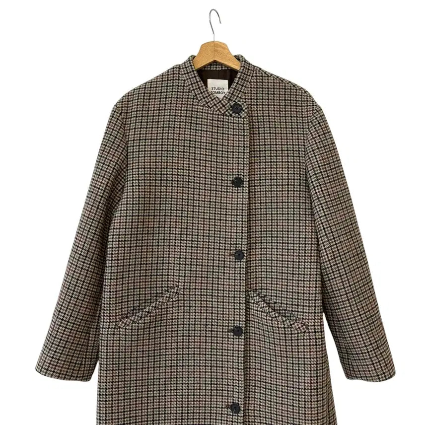 [BUNJANG] Studio Tomboy Houndstooth Wool Non-Collar Coat - Medium / 스튜이오톰보이 하운드투스 울 논카라 코트 M 정품