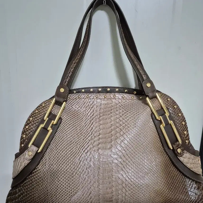 [BUNJANG] Brown Snakeskin Leather Tote Bag / 뱀피 무늬 가죽 토트백 브라운