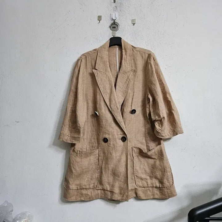 [BUNJANG] Linen Short Sleeve Double Jacket Brown / 린넨 반팔 더블 자켓 브라운