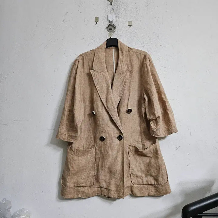 [BUNJANG] Linen Short Sleeve Double Jacket Brown / 린넨 반팔 더블 자켓 브라운