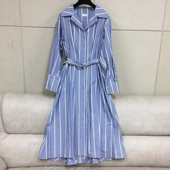[BUNJANG] TIME Striped Belt Cotton Shirt Long Dress / 한섬 타임  스트라이프 벨트 셔츠 면100% 롱 원피스