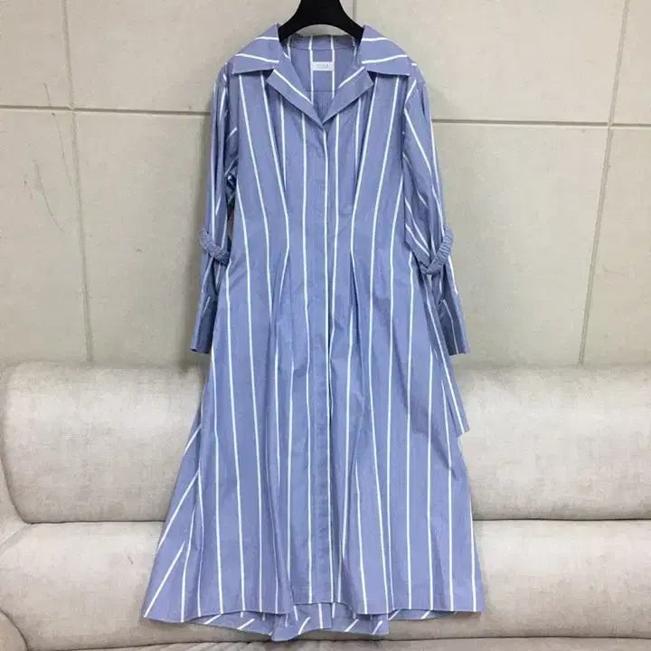 [BUNJANG] TIME Striped Belt Cotton Shirt Long Dress / 한섬 타임  스트라이프 벨트 셔츠 면100% 롱 원피스