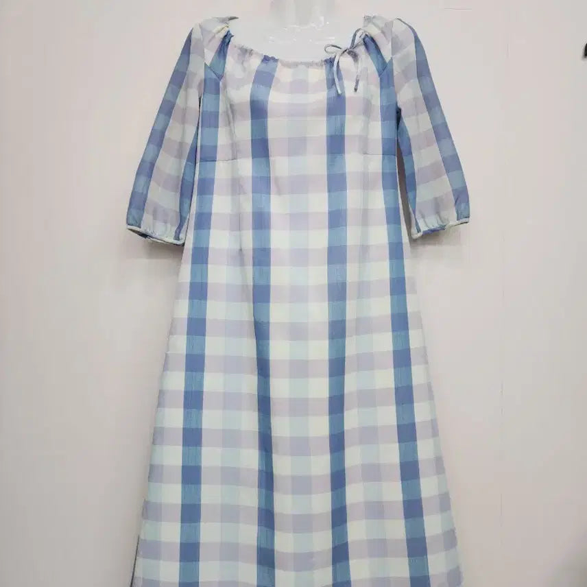 [BUNJANG] Blue Check 7/8 Sleeve Long Dress / 블루 체크 7부 소매 롱 원피스