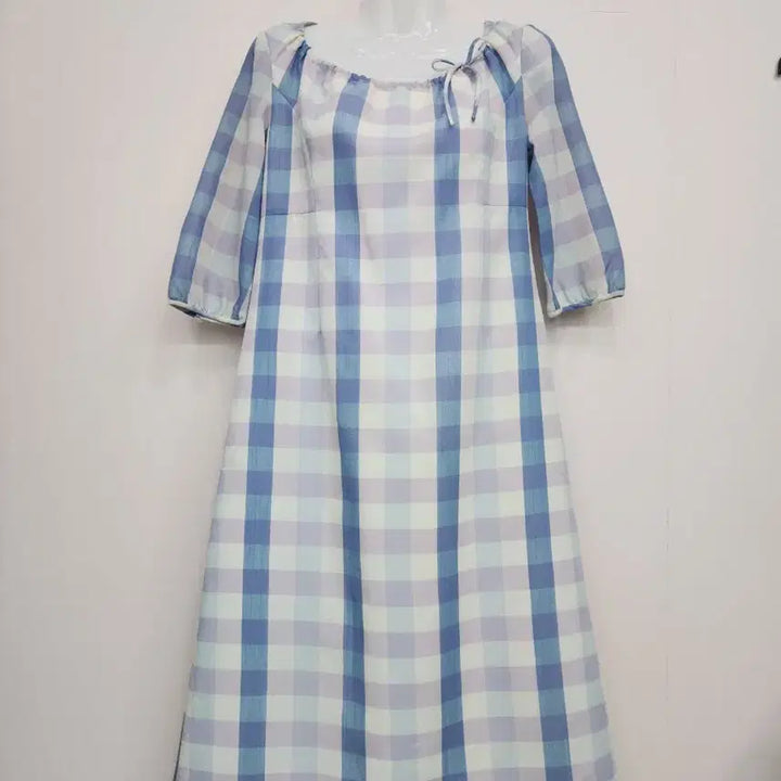 [BUNJANG] Blue Check 7/8 Sleeve Long Dress / 블루 체크 7부 소매 롱 원피스