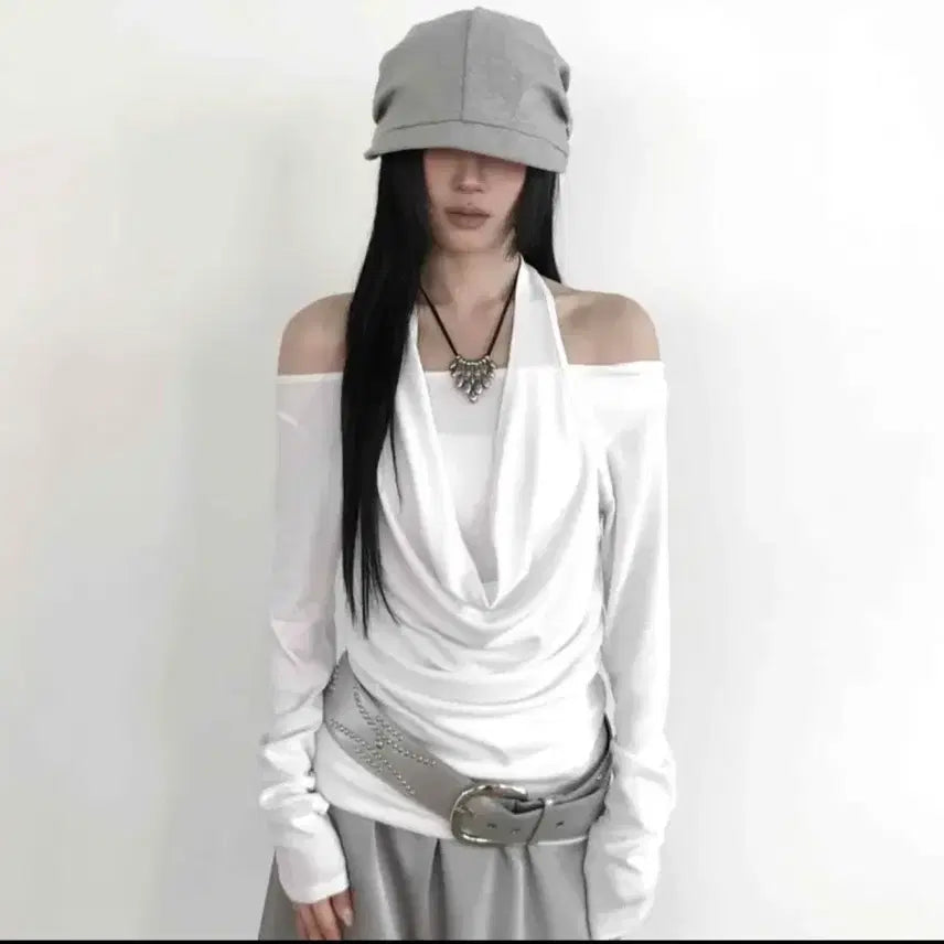 [BUNJANG] White Off-Shoulder Halter Neck Top / 화이트 오프숄더 홀터넥