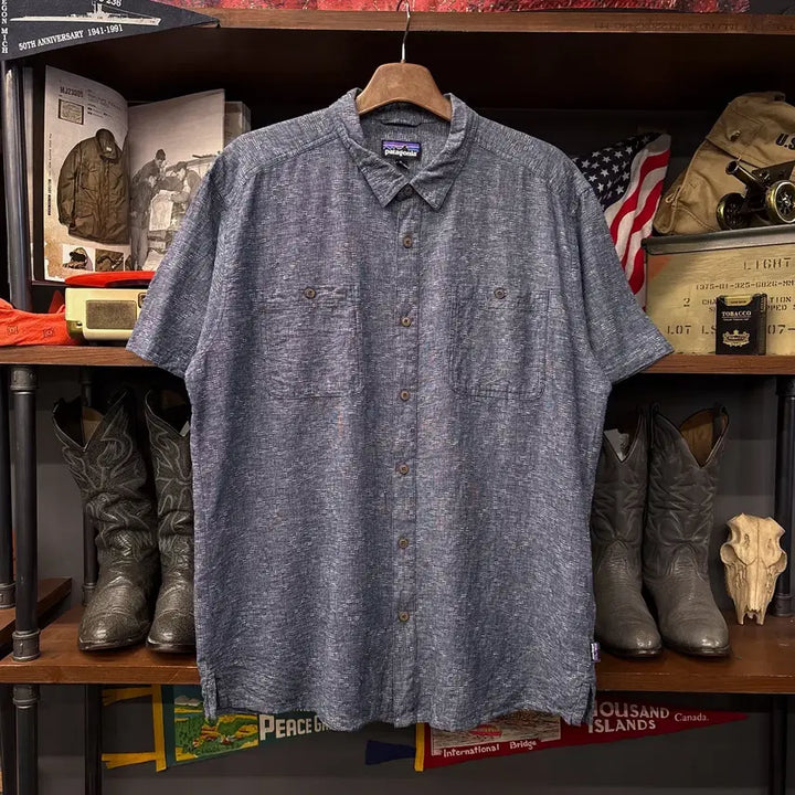 [BUNJANG] Patagonia Indigo Cotton Jacquard Pattern Linen Shirt / 파타고니아 인디고 코튼 내추럴 자카드 패턴 린넨셔츠 N1295