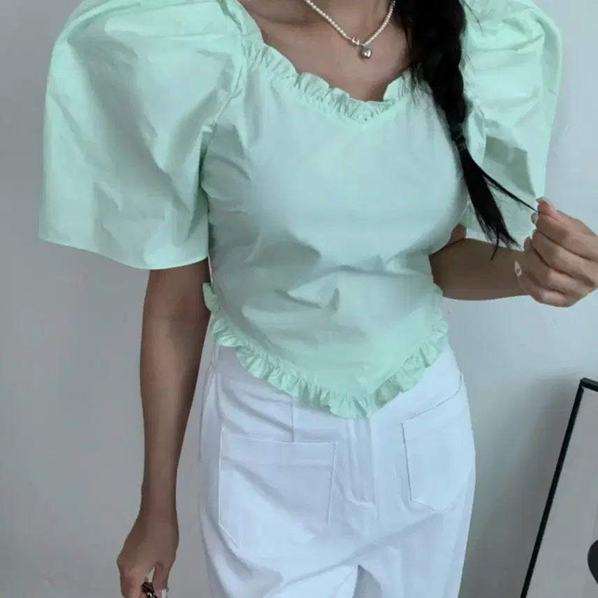 [BUNJANG] Velita Puff Frill Blouse Mint / <민트> 벨리타 퍼프 프릴 블라우스