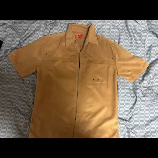 [BUNJANG] Suede Short-Sleeve Zip-Up Shirt - Brown / 스웨이드 반팔 집업 셔츠 브라운