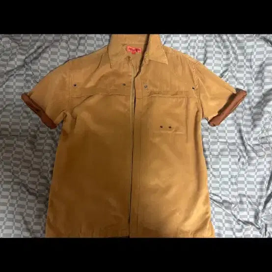 [BUNJANG] Suede Short-Sleeve Zip-Up Shirt - Brown / 스웨이드 반팔 집업 셔츠 브라운
