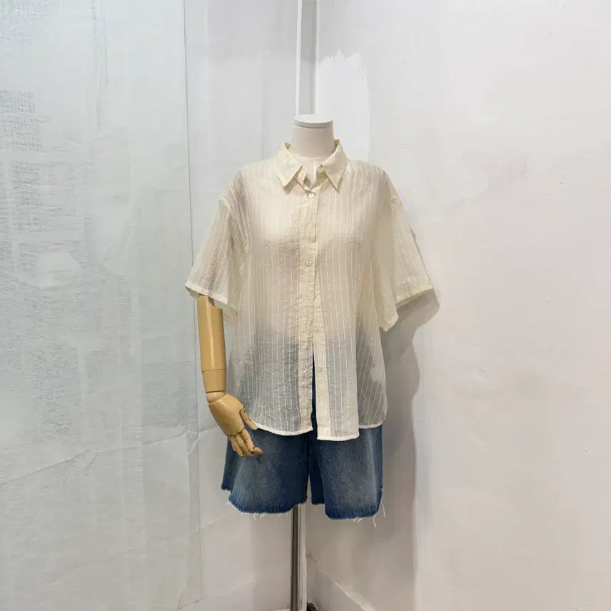 [SOLD OUT] 웨더 시어 시스루 스트라이프 반팔셔츠 블라우스 4487