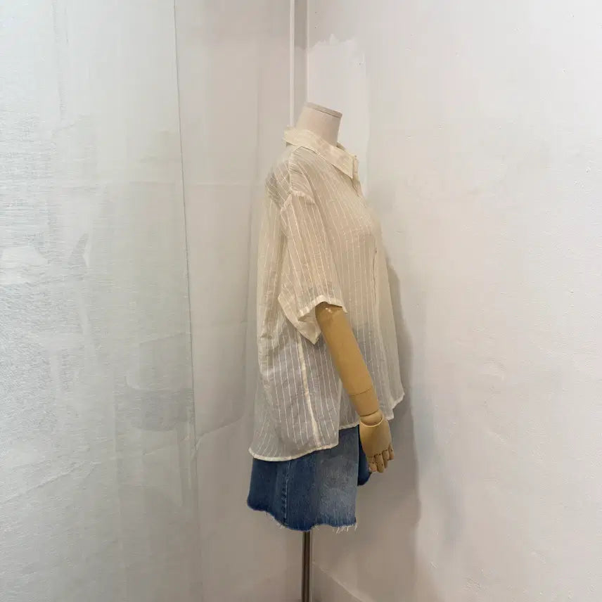 [SOLD OUT] 웨더 시어 시스루 스트라이프 반팔셔츠 블라우스 4487
