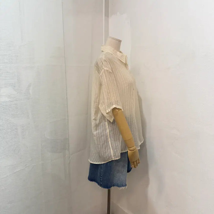 [SOLD OUT] 웨더 시어 시스루 스트라이프 반팔셔츠 블라우스 4487