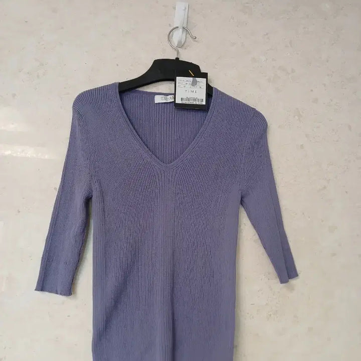 [BUNJANG] TIME V-Neck 7-Sleeve Ribbed Knit Purple / TIME 타임 V넥 7부 골지니트 퍼플 새 옷