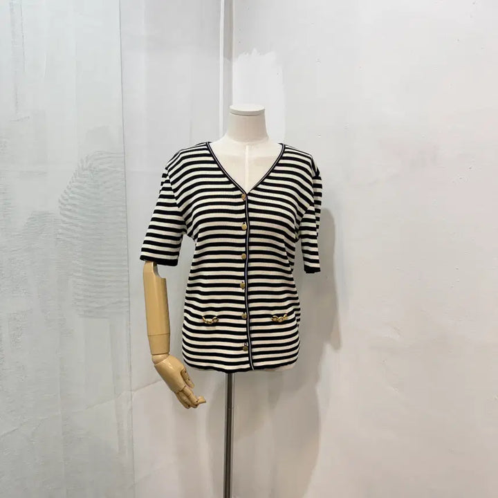 [BUNJANG] Vintage Melissa Stripe Short Sleeve Knit Top with Gold Buttons / (90)빈티지 멜리사 스트라이프 줄무늬 반팔니트 금장단추 4493