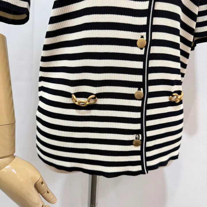 [BUNJANG] Vintage Melissa Stripe Short Sleeve Knit Top with Gold Buttons / (90)빈티지 멜리사 스트라이프 줄무늬 반팔니트 금장단추 4493