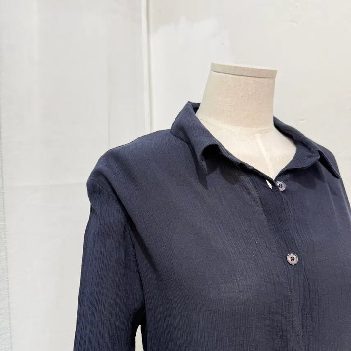 [BUNJANG] Graciec C Minimalist Pleated Navy Blouse Shirt / 그레이시크 주름 남색블라우스 셔츠 살안타템 커버업 4497