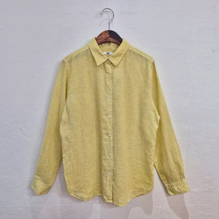[BUNJANG] Uniqlo Linen 100% Gingham Check Shirt (Lemon Yellow, XL) / 재팬 유니클로 린넨 100 깅엄 체크 셔츠