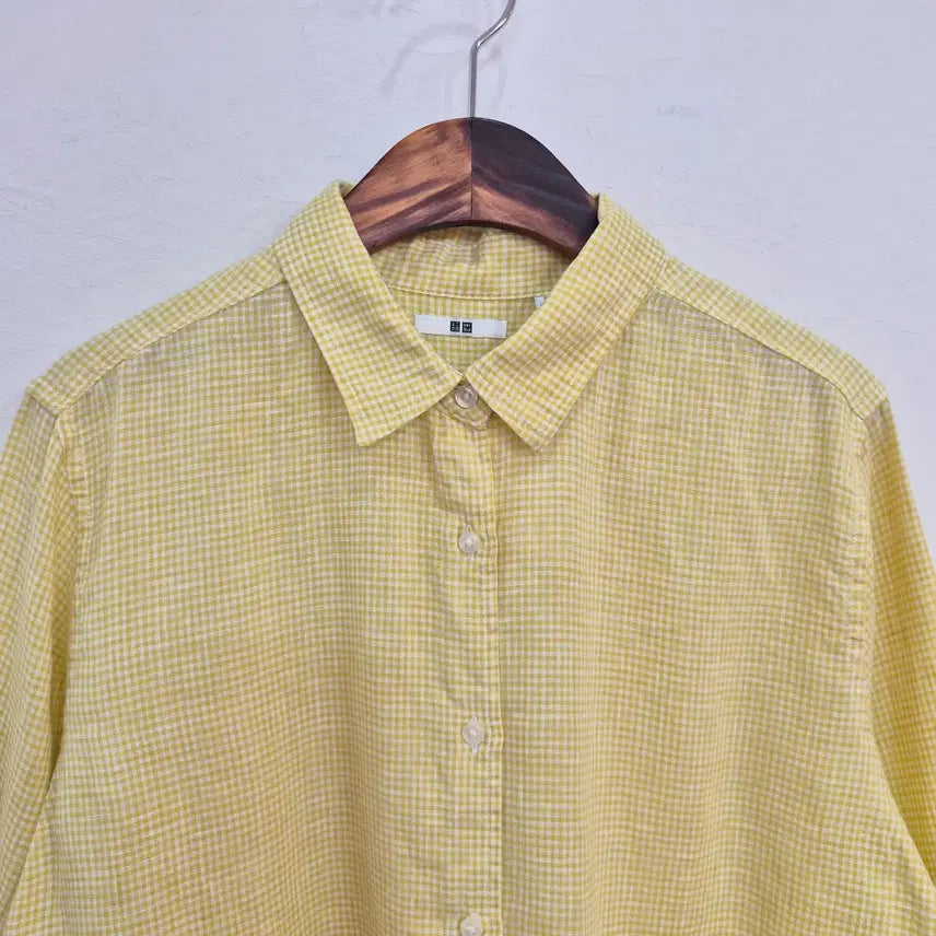 [BUNJANG] Uniqlo Linen 100% Gingham Check Shirt (Lemon Yellow, XL) / 재팬 유니클로 린넨 100 깅엄 체크 셔츠