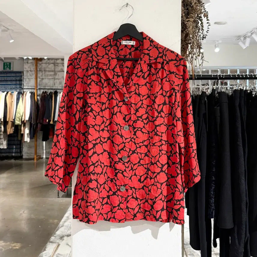 [BUNJANG] Celine Red Black Flower Pattern Linen Shirt / 셀린느 레드 블랙 플라워 패턴 린넨 셔츠