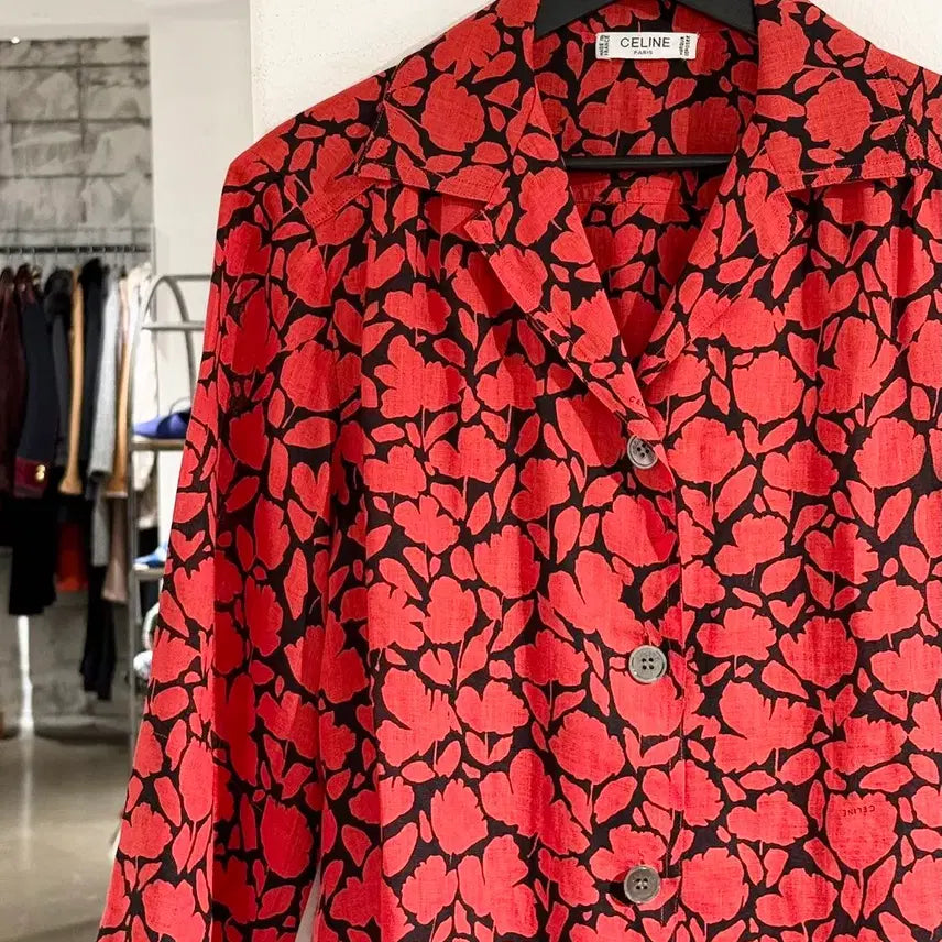 [BUNJANG] Celine Red Black Flower Pattern Linen Shirt / 셀린느 레드 블랙 플라워 패턴 린넨 셔츠