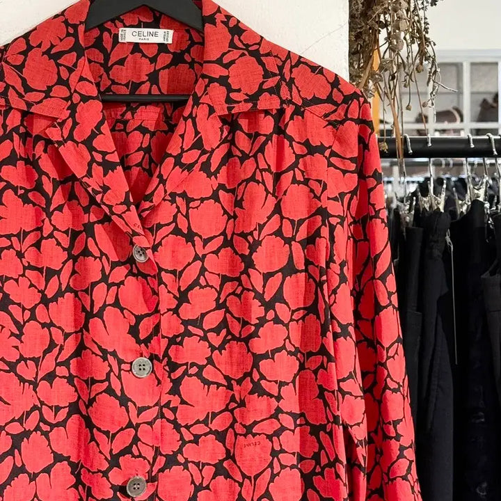 [BUNJANG] Celine Red Black Flower Pattern Linen Shirt / 셀린느 레드 블랙 플라워 패턴 린넨 셔츠