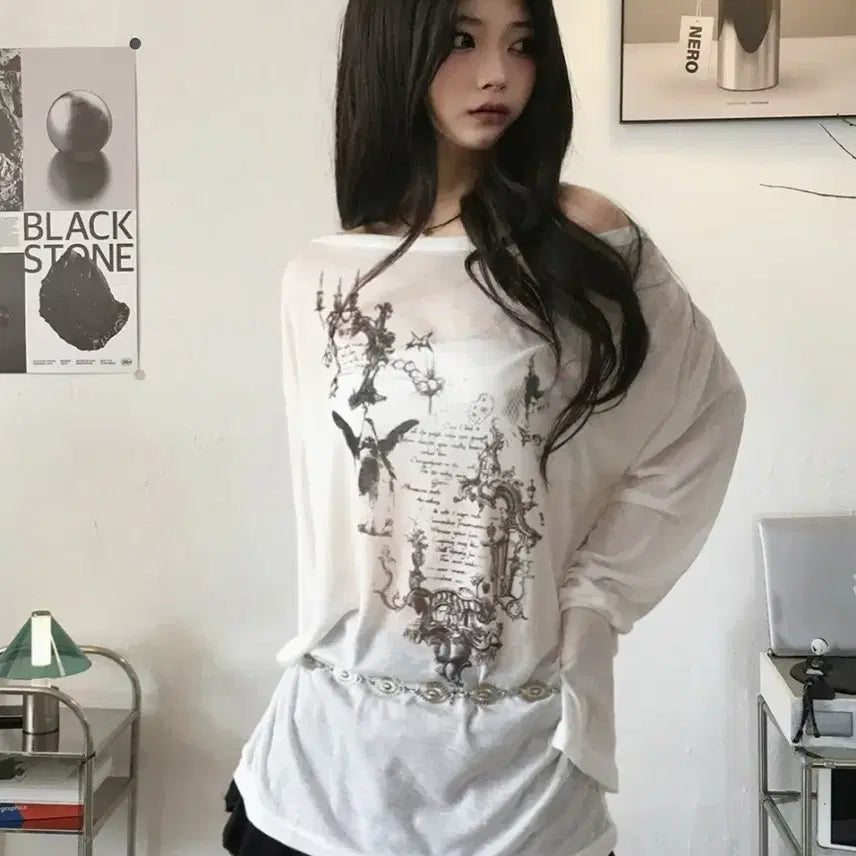 [BUNJANG] Gothic Printing Long Sleeve Summer Knit / 고딕 프린팅 긴팔 여름니트