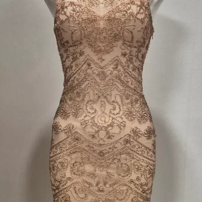 [BUNJANG] Beige See-Through Beaded Midi Dress Size 55 / 베이지 시스루 비즈 미디 원피스 드레스 55 ㅇp10