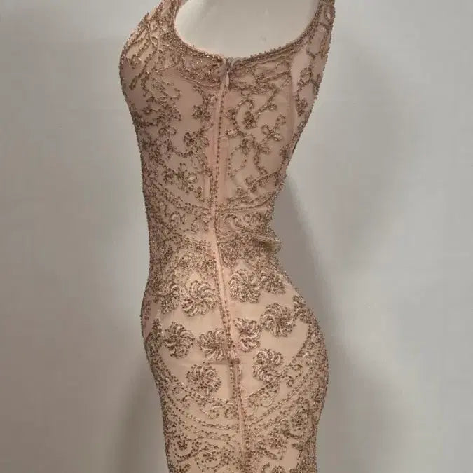 [BUNJANG] Beige See-Through Beaded Midi Dress Size 55 / 베이지 시스루 비즈 미디 원피스 드레스 55 ㅇp10