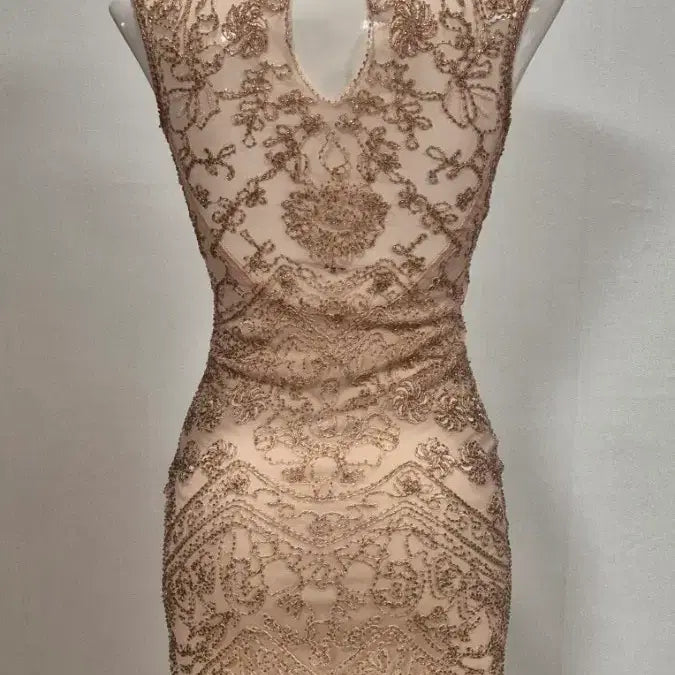 [BUNJANG] Beige See-Through Beaded Midi Dress Size 55 / 베이지 시스루 비즈 미디 원피스 드레스 55 ㅇp10