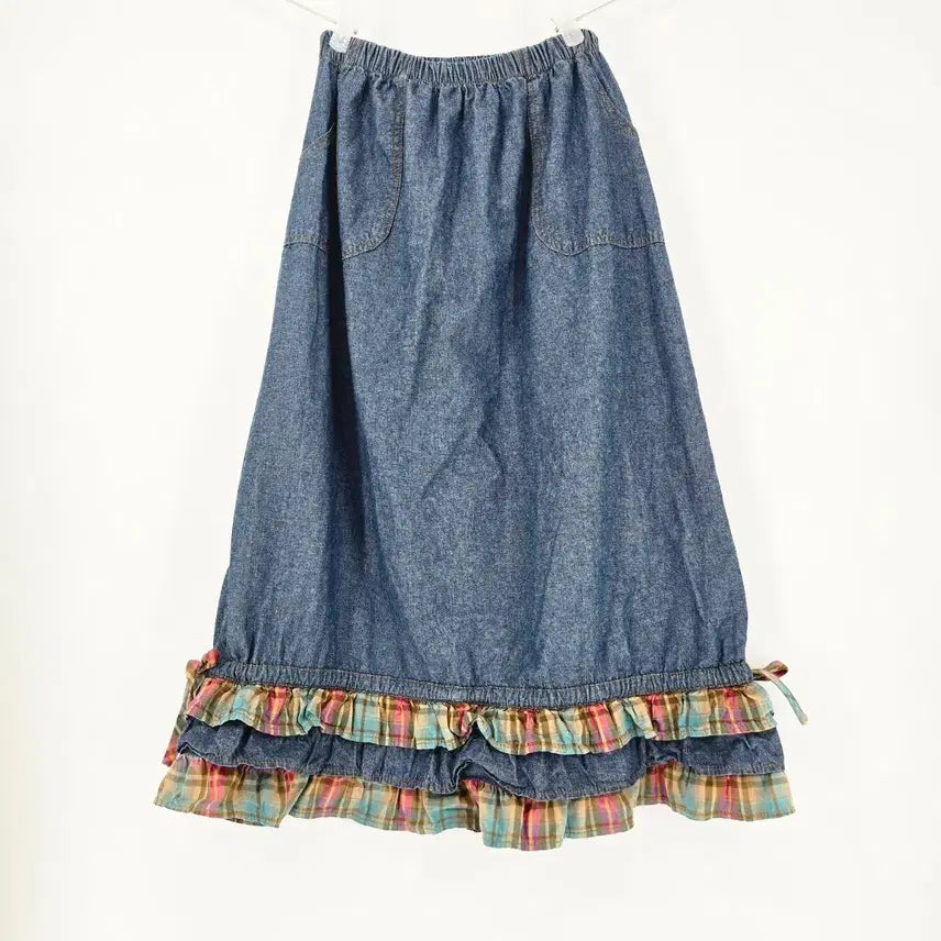 [BUNJANG] Blue Denim Long Skirt with Check Frill Detail / 청 데님 롱 스커트 체크 프릴 66-77