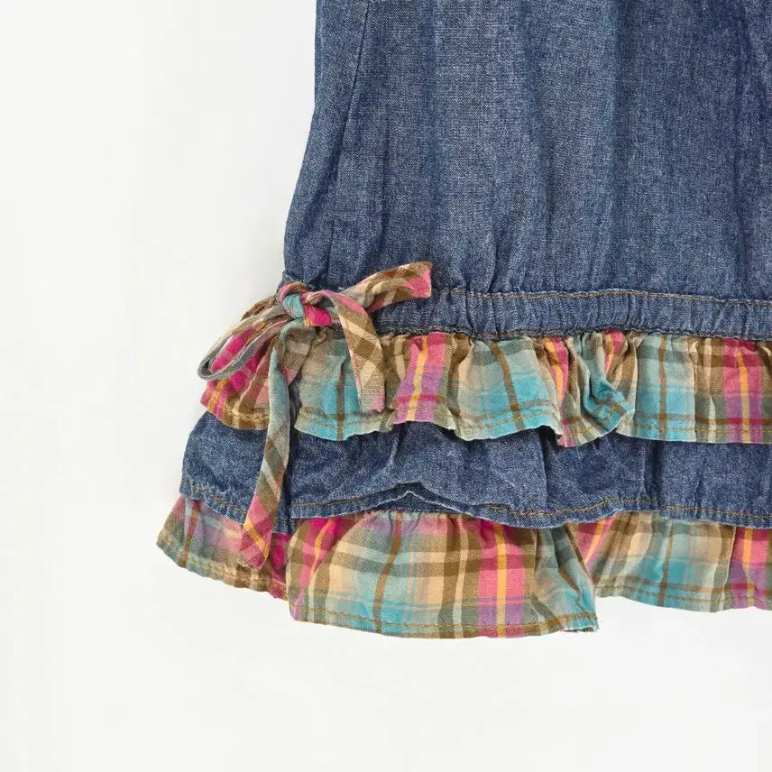 [BUNJANG] Blue Denim Long Skirt with Check Frill Detail / 청 데님 롱 스커트 체크 프릴 66-77