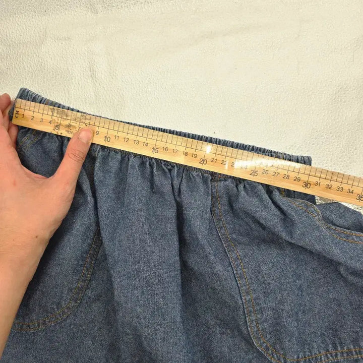 [BUNJANG] Blue Denim Long Skirt with Check Frill Detail / 청 데님 롱 스커트 체크 프릴 66-77