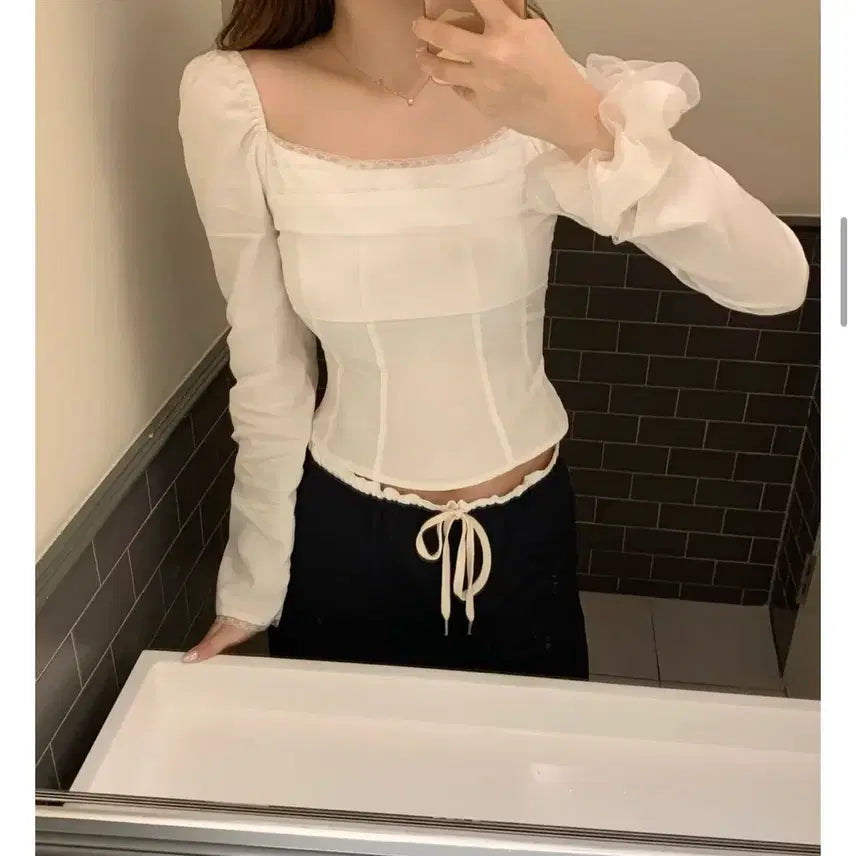 [BUNJANG] Zaenio Clean Square Lace Blouse - Ivory, Size S / 제니오 zaenio 클린스퀘어 레이스 블라우스 s
