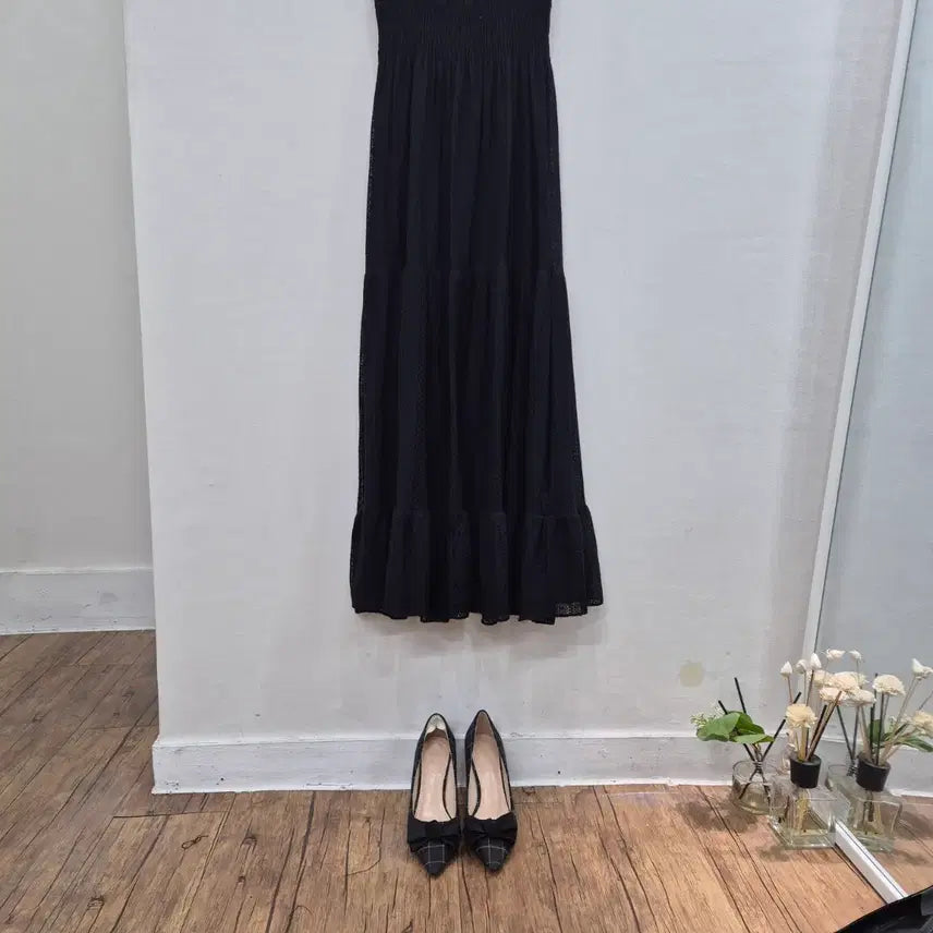 [BUNJANG] Black Lace Ruffle Square Neck Long Dress / 레이스  블랙 롱 원피스 캉캉 스퀘어넥