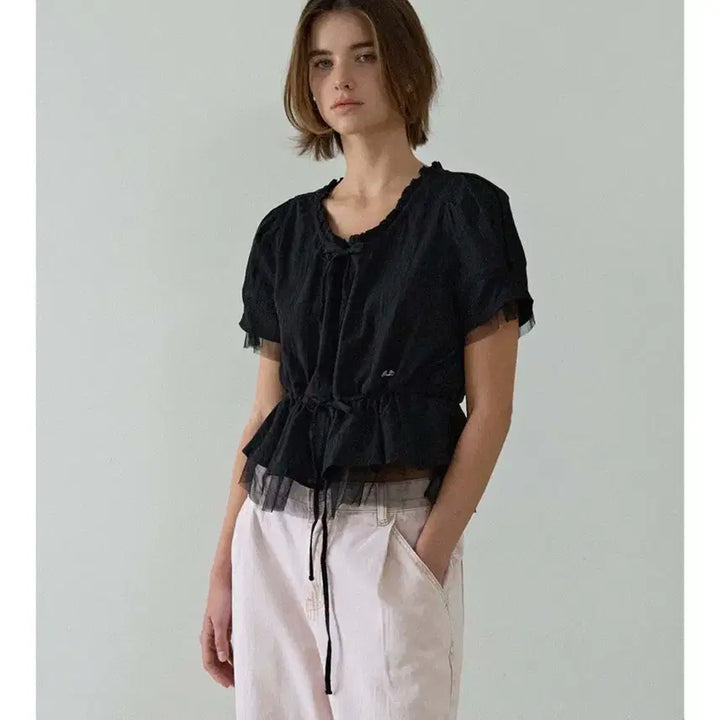 [BUNJANG] House of Pond Sheer Layered String Half Blouse Black / 하우스 오브 폰드 쉬폰 블랙 블라우스