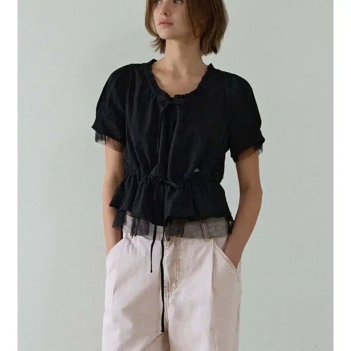 [BUNJANG] House of Pond Sheer Layered String Half Blouse Black / 하우스 오브 폰드 쉬폰 블랙 블라우스