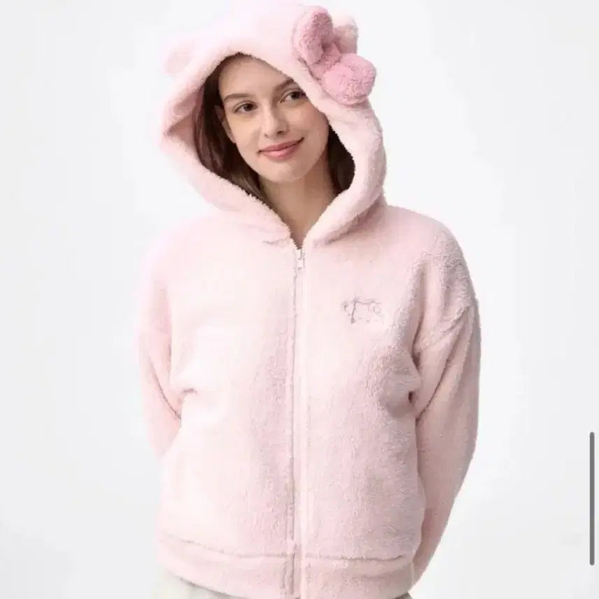 [BUNJANG] GU Hello Kitty Pink Fleece Zip-Up Hoodie / GU 헬로키티 핑크 후리스 후드집업