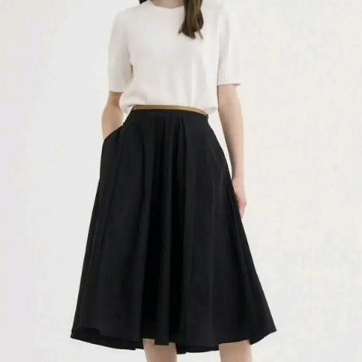 [BUNJANG] SJSJ Waist Leather Block Flare Skirt / 한섬 SJSJ 웨이스트 레더 블록 플레어 스커트 55 새상품